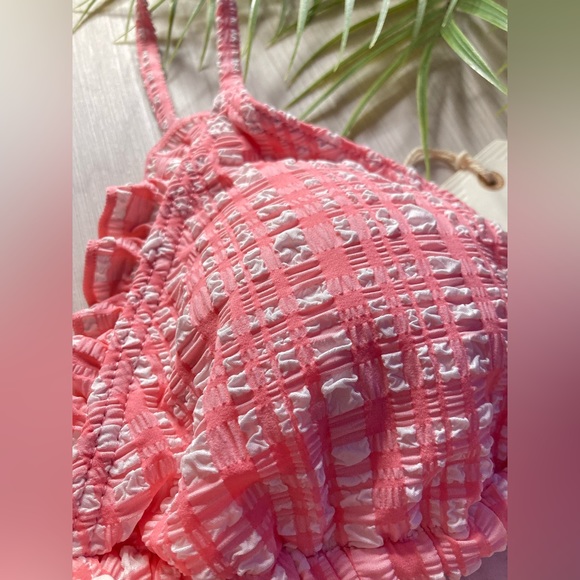 Billabong 🌸 Pink Plaid Ruched Sliding Ruffle Tri Bikini Top 👙🍹🌴 - Picture 5 of 13